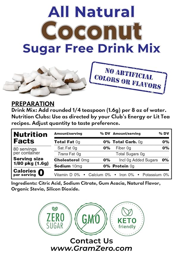 GramZero All Natural Coconut Zero Calorie Sugar Free Drink Mix, Great For Nutrition Club Loaded Tea, Stevia Sweetened