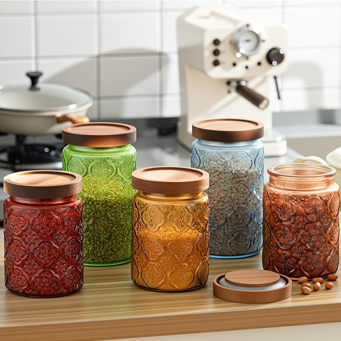 Outus 5 Pcs 23.7 oz, 33.8 oz Vintage Glass Jar with Lids Colored Glass Canisters Jars with Airtight Wooden Lids for Kitchen Counter Flour Sugar Cookie Coffee Tea Storage Containers