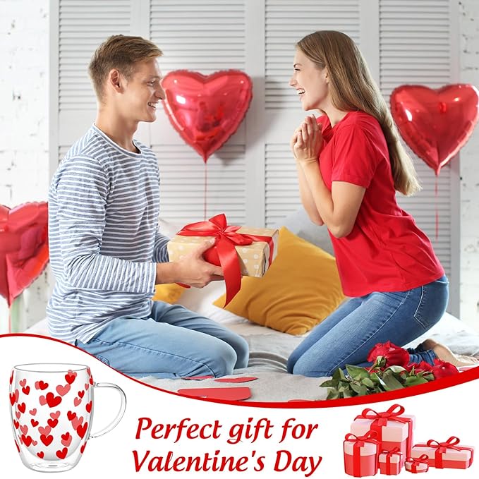 JarThenaAMCS Valentine' s Day Double Wall Glass Coffee Mugs Insulated Glasses 12Oz Red Heart Clear Espresso Cups with Handle for Home Holiday Supplies, Set of 2