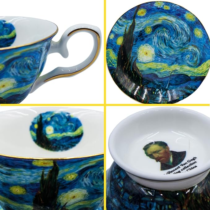 Floral Tea Cups Saucers Set of 2, Bone China 7 oz British Teacups Porcelain Coffee Cup for Rose Tea Cappuccino Espresso Latte (Starry Sky & Starry Sky)