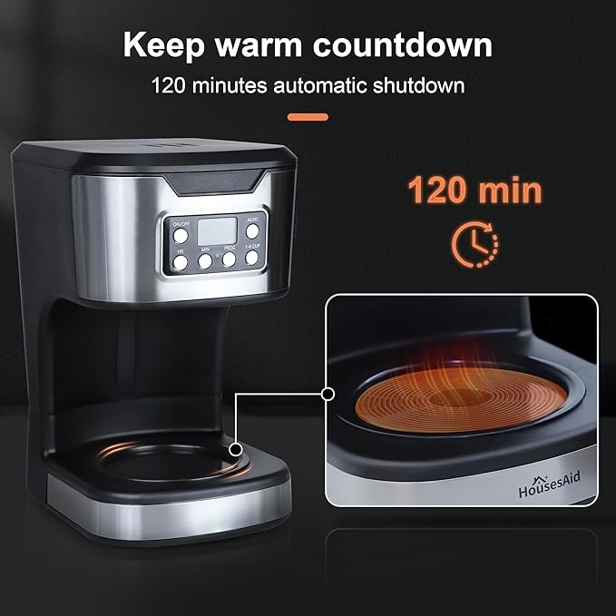 Programmable Coffee Maker 12 Cup Brew & Drip coffee machine, Fully Automatic, 1-4 Cup Setting, Stainless Steel, Keep- Warm Function, Household, Home and Office, Black