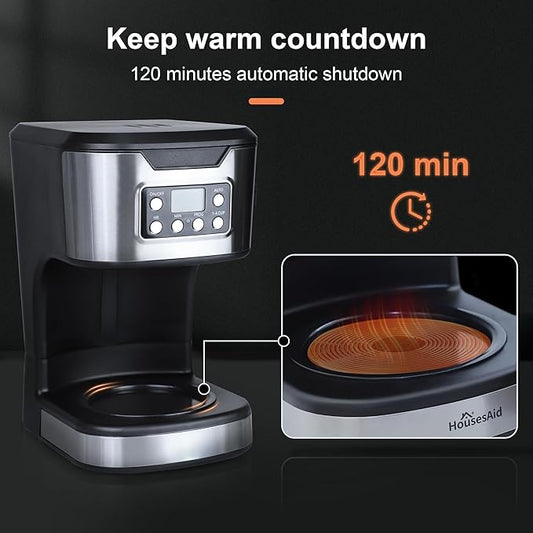 Programmable Coffee Maker 12 Cup Brew & Drip coffee machine, Fully Automatic, 1-4 Cup Setting, Stainless Steel, Keep- Warm Function, Household, Home and Office, Black