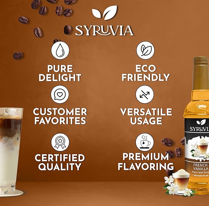Syruvia Coffee Syrup, French Vanilla Flavored Syrup for Drinks, Lattes, and Desserts – 25.4 fl oz, With Pump