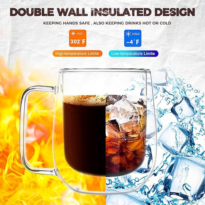 Glass Espresso Cups - Double Wall Insulated Coffee Mugs, Glass Coffee Mugs set of 2, Clear Tea Cups 8 oz, Perfect for Americano, Latte, Cappuccino, Espresso, Beverage and Tea