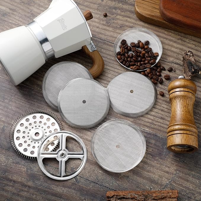 Sabary 8 Pcs French Press Filter Replacement Parts 6 Pcs Stainless Steel Mesh French Press Screen with Spiral Disk and Cross Disk for 1000 ml, 34 oz, 3.75 Inch Wide Coffee Makers and Tea Machines