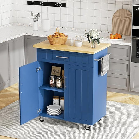 JY QAQA 26" Kitchen Island on Wheels with Storage Cabinet Kitchen Cart Cabinet with Shelves, Cart Handle for Towel Rack or Free Mobility, Portable Islands,Blue