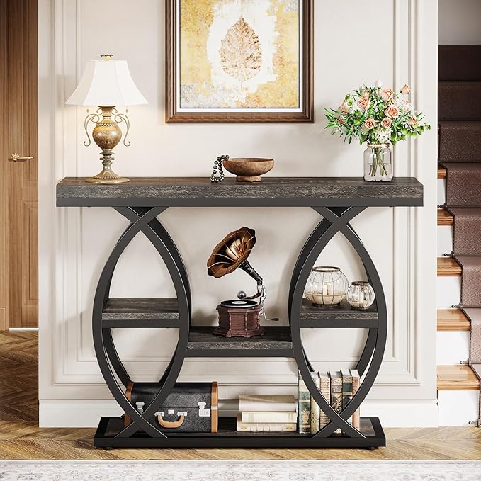 Tribesigns 39.4" Console Table, Industrial 4-Tier Sofa Table Entryway Table with Storage Shelves, Narrow Wood Accent Tables with Metal Frame for Small Spaces, Hallway, Foyer, Black Brown