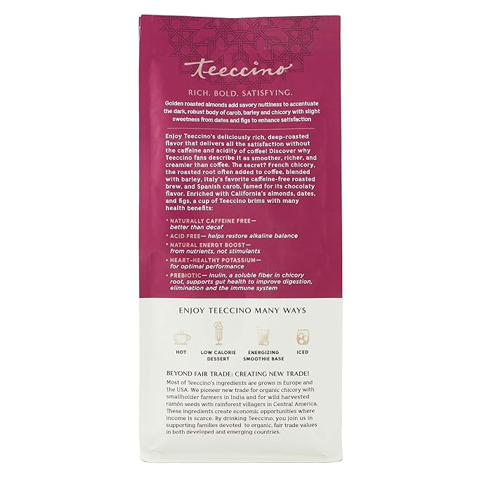 Teeccino Raspberry Mocha Chicory Coffee Alternative - 11 Ounce - Ground Herbal Coffee That’s Prebiotic, Caffeine Free & Acid Free, Dark Roast, (Pack of 3)
