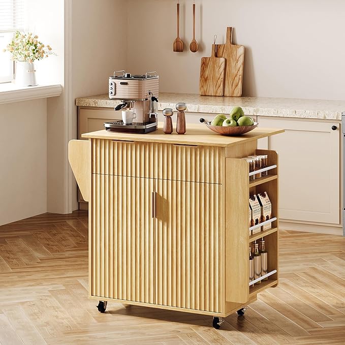 VINGLI Kitchen Island with Storage, Rolling Cart on Wheels with Foldable Drop Leaf, Drawer & Door Cabinet, Portable Kitchen Cart for Meal Prep & Organization, Oak