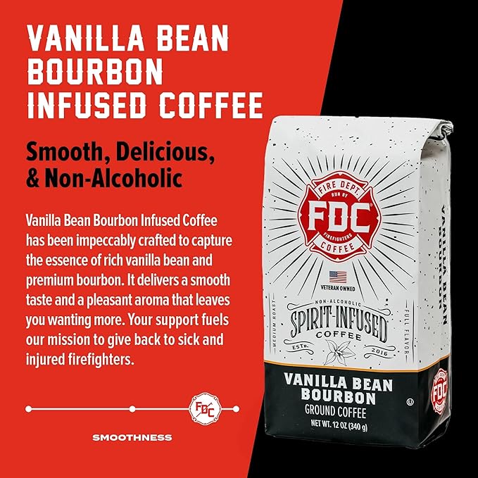Fire Department Coffee - Vanilla Bourbon Coffee - Gives Back to Firefighters - Vanilla Bean Bourbon Infused Ground - Non-Alcoholic - Roasted in the USA - Veteran Owned (12 oz, Pack of 2)