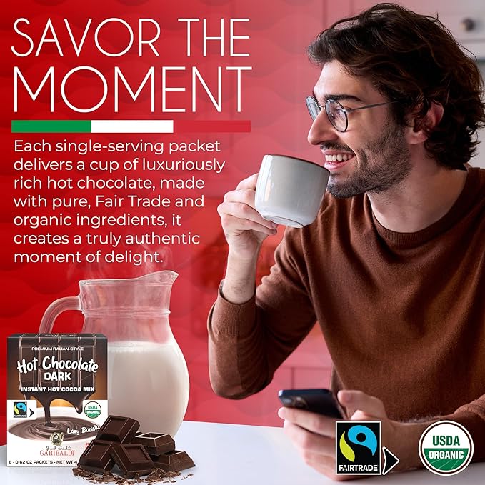 Cafe Garibaldi Premium Dark Hot Chocolate - Organic Instant Cocoa Mix with Dark Cacao Powder, Fair Trade, Gluten-Free, & GMO-Free, 8 Servings x 0.62oz Packets, Ideal Italian Hot Chocolate Gift
