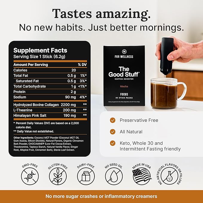 For Wellness The Good Stuff Focus | Healthy Mocha Coffee Creamer Powder with Collagen, MCT Oil & L-Theanine | Keto Non-Dairy Coffee Booster for Focus & Energy | 30 Servings