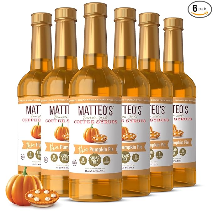 Matteo's Pumpkin Pie Syrup for Coffee, Lattes, Cappuccinos & Desserts – Sugar-Free Sweetener for Beverages, Keto Friendly, Zero Calories, Indulgent Flavor, Non-Alcoholic, 33.8oz (6pk)