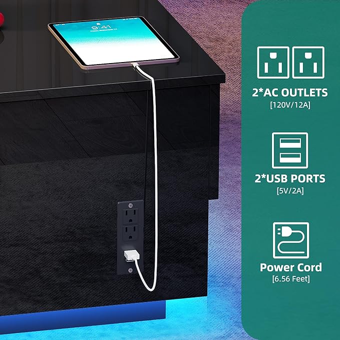 YITAHOME LED Lift Top Coffee Tables for Living Room with Power Outlets Charging Station, Modern Coffee Table with Storage 2 Drawers & Open Shelfs Rectangular Small Center Cocktail Table, Glossy Black