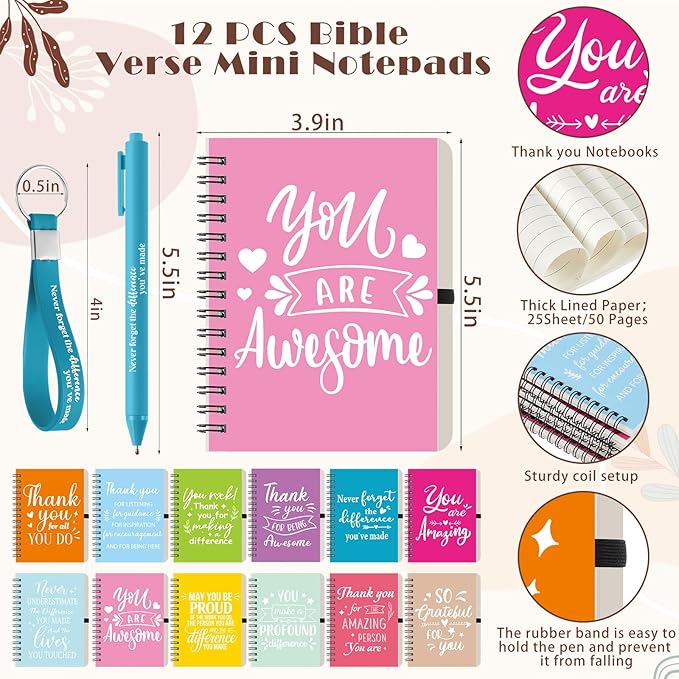 Skylety 12 Set/48 Pcs Employee Appreciation Gifts Bulk Christmas Thank You Gift Set 16 oz Coffee Cups Mini Spiral Notebooks Pens Keychains for Staff Team Teacher Coworker (Pastel Color)
