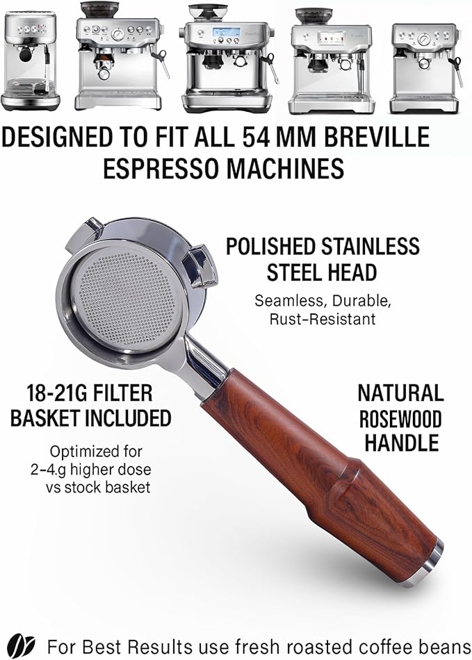 54mm Bottomless Portafilter Breville Compatible Rosewood Handle & Naked 18-21 Gram Filter Basket Included Fits Barista Express, Pro, Touch, Bambino Plus, Infuser, Duo Temp Pro Impress