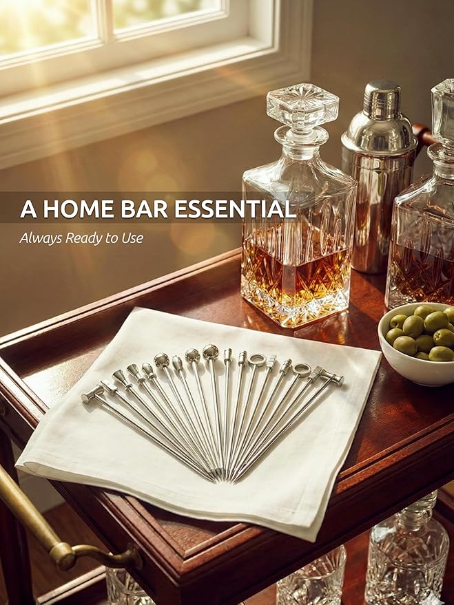 DEMIGO Cocktail Picks 16pcs, 8 New Styles Stainless Steel Reusable Olive Stuffers Martini Pick set Fruit Toothpick Garnish Skewers Appetizer Drink Stick for Bar party, Barbeque Snack, Club sandwiches