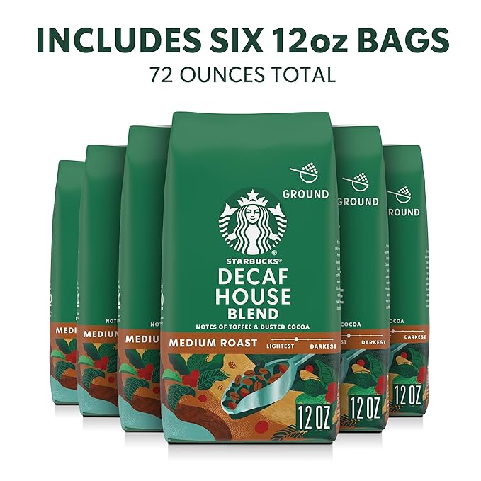 Starbucks Ground Coffee, Medium Roast Hot or Iced Coffee, Decaf House Blend, Six 12 oz Bags