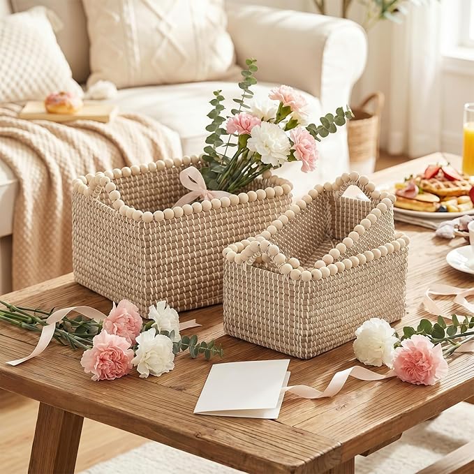 Set of 3 Seagrass Woven Storage Basket with Handles, Natural Wooden Bead Decoration for Blankets Toys Clothes Shoes Organizer, Cube Bins for Shelves Living Room Bedroom Nursery Home Decor