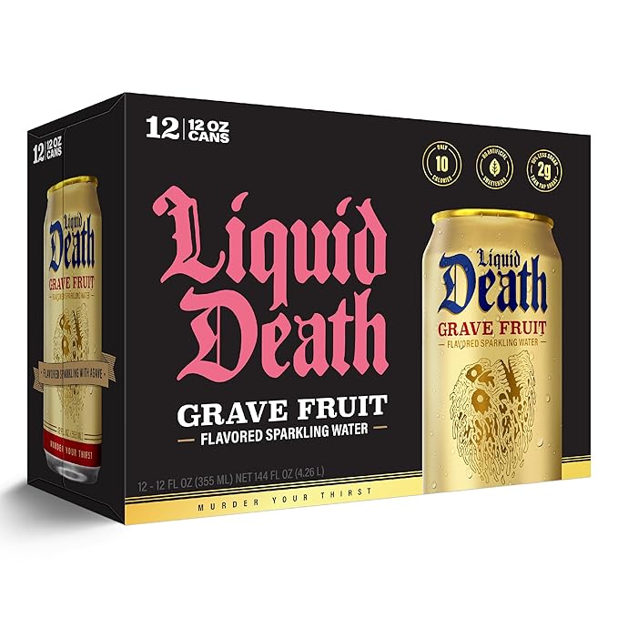 Liquid Death Soda-Flavored Sparkling Water - Grave Fruit (Grapefruit Flavor), Less Sugar*, Huge Flavor, No Caffeine, No Artificial Sweeteners, 12 Fl Oz (Pack of 12)