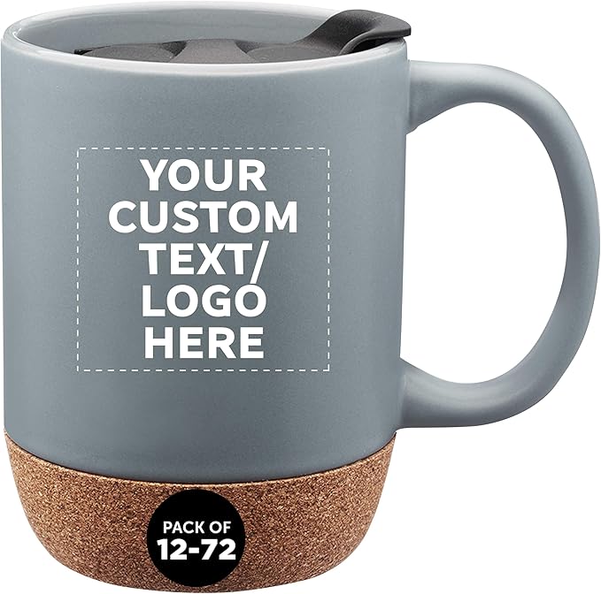 Custom Barista Ceramic Mugs with Cork Bottom 13 oz Set of 12/36/72 Personalized Bulk Pack Perfect for Coffee Tea Espresso Hot Cocoa Other Beverages - Grey