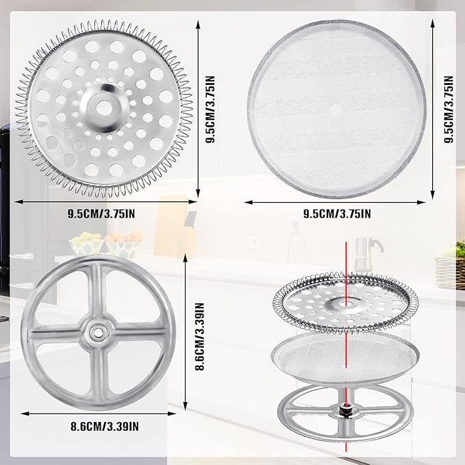 Sabary 8 Pcs French Press Filter Replacement Parts 6 Pcs Stainless Steel Mesh French Press Screen with Spiral Disk and Cross Disk for 1000 ml, 34 oz, 3.75 Inch Wide Coffee Makers and Tea Machines