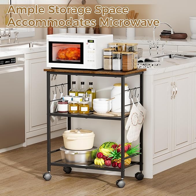 BEWISHOME Rolling Kitchen Cart 3 Tier, Microwave Kitchen Cart with Storage Function, Practical Roller Cart with 4 Locking Wheels for Kitchen, Living Room, Bathroom, Office, Bar (Brown)