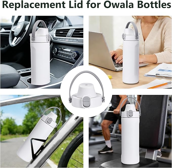 2 IN 1 Replacement Lid for Owala Freesip, Compatible with Owala Cup 16oz 24oz 32oz 40oz, One Button Water Bottle Top Lid Replacement Accessory and Straws, Leakproof, BPA-Free, Ash White