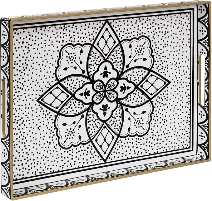 MAONAME Plastic Serving Tray with Handles, Modern Black Tray for Coffee Table, Rectangular Trays with Flower Pattern, Decorative Trays for Ottoman, 15.8" Lx 11.8" W X 1.6" H