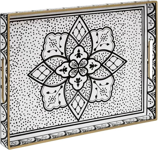 MAONAME Plastic Serving Tray with Handles, Modern Black Tray for Coffee Table, Rectangular Trays with Flower Pattern, Decorative Trays for Ottoman, 15.8" Lx 11.8" W X 1.6" H