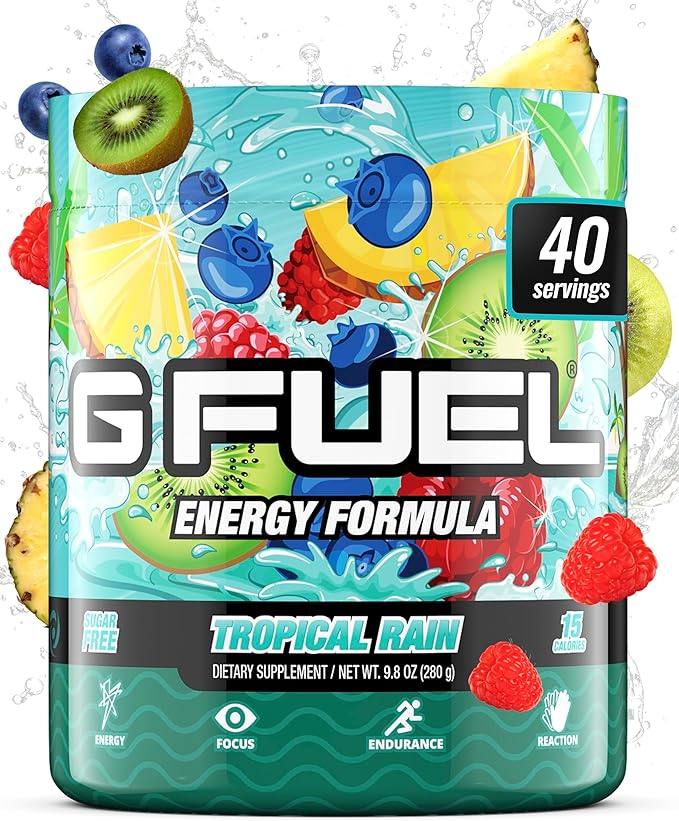 Gamma Labs G Fuel Tropical Rain Energy Drink Powder, Pre Workout Caffeine Mix for Gaming, Sugar Free Focus Amino, Vitamin + Antioxidants, 9.8oz Fruit Medley, 40 Servings