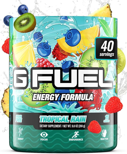 Gamma Labs G Fuel Tropical Rain Energy Drink Powder, Pre Workout Caffeine Mix for Gaming, Sugar Free Focus Amino, Vitamin + Antioxidants, 9.8oz Fruit Medley, 40 Servings