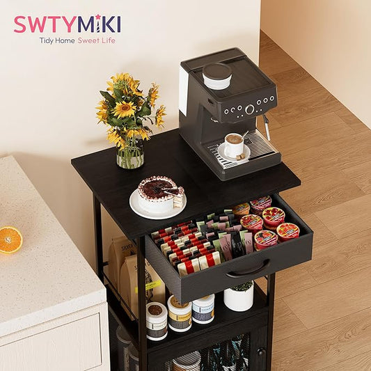 SWTYMIKI Buffets Coffee Bar Cabinet - Rolling Kitchen Rack, Farmhouse Small Coffee Stand with Storage Drawer and Door Cabinet - Kitchen Microwave Stand for Apartment, Living Room, Entryway, Black