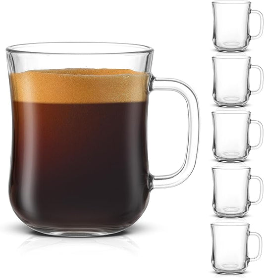 JoyJolt Glass Coffee Cups - 15.5oz Diner Mugs Set of 6. Bar Accessories, Cafe Style Clear Mug, Cappuccino, Latte, Tea Cup, Large Espresso Glasses