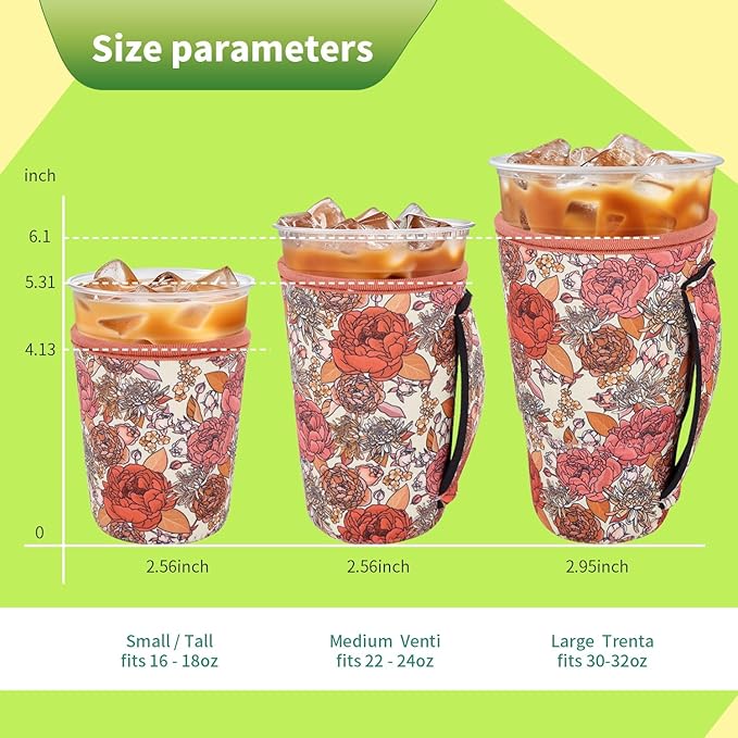3 Pack Iced Coffee sleeve Insulated Neoprene Cup Sleeves with handle For Cold Drinks Beverages, Reusable Cup Holder for 16oz-32oz Coffee Cups (Flower Power)