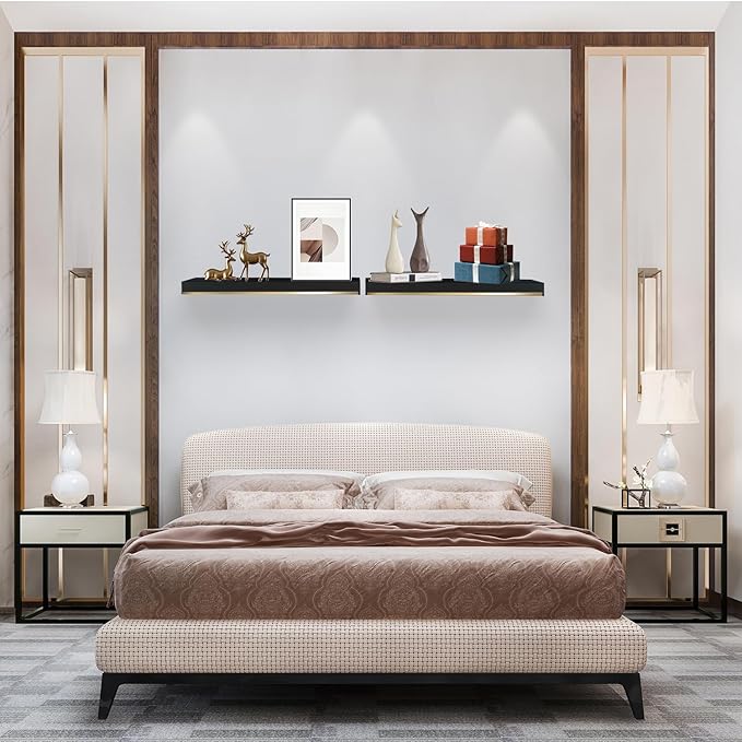 Thick 1.78 in Black and Gold Shelves with Thicked 1/5 Inch Heavy Duty Bracket,Black Gold Foating Shelves Pine Wood 16 ×6.5 in Floating Shelves for Wall with Stainless Steel Trim Strip Set of 2