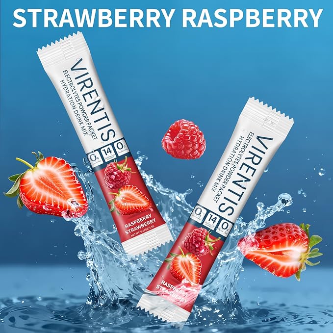 16 Sticks Electrolytes Powder Packets Sugar Free Hydration Packets Liquid Daily IV Electrolyte Drink Mix for Rehydration with 8 Electrolytes & 6 Vitamins, Low Sodium, Raspberry Strawberry