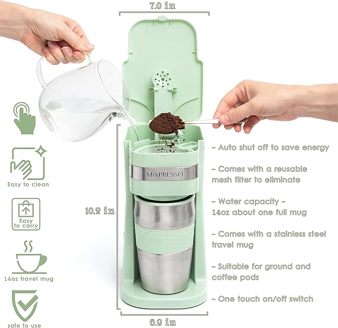 Mixpresso Single Cup Coffee Maker & 14oz Travel Mug, Lightweight Personal Drip Coffee Brewer & Tumbler, Compatible with Coffee Grounds Bubdle With 3 Piece Set Of Airtight Coffee And Sugar Plastic Cani