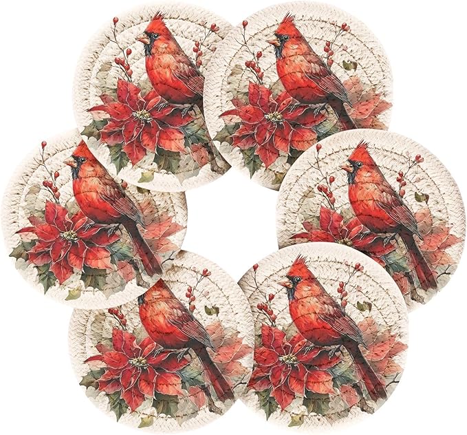 Christmas Coasters with Holder Red Cardinals Bird Poinsettia Coasters Set of 6 Cotton Woven Absorbent Cup Coaster Xmas Holiday Party Table Decor 4 Inches