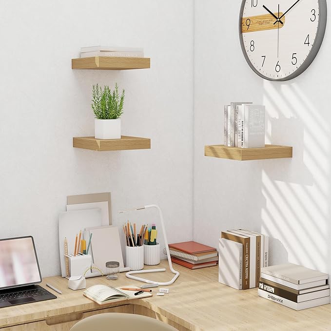 Fun Memories Floating Shelves for Wall - 10" x 10" Wood Shelf with Invisible Bracket - Deep Floating Shelves - 10 Inch Shelf Wall-Mounted for Living Room & Bathroom - Oak - Set of 2