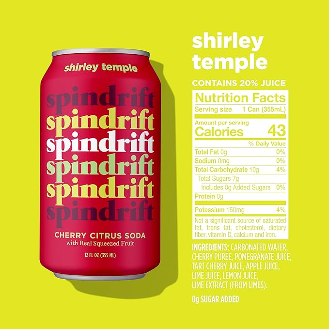 Spindrift "Shirley Temple" Cherry Citrus Soda Made with Real Squeezed Fruit 12 Pack Case