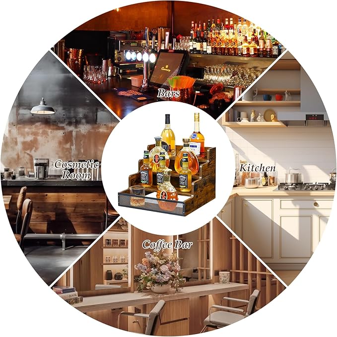 Yuzehuaza 4 Step Countertop Liquor Bottle Display Shelf, Wood Bar Shelves 16 Bottles with Fences, Freestanding Storage Shelves for Liquor Whiskey Wine Coffee Syrup Display, Retro Wine Rack Home