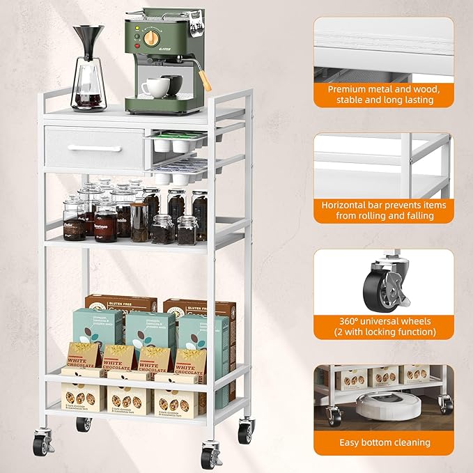 Housolution 4-Tier Coffee Bar Cart with Storage, 33" H Coffee Station Cabinet with Pod Drawers for Nespresso Vertuo, Mini Toaster Oven Stand Table for Home, Kitchen, Living Room (White + Grey)