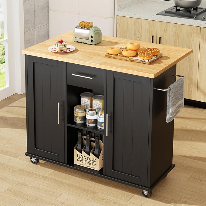 JY QAQA 42" Kitchen Island with Storage on Wheels, Rolling Table with Drop Leaf, Drawers, Cart Handle for Towel Rack or Free Movement, Black