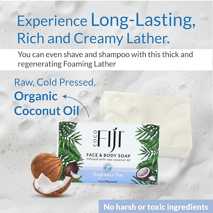 Coco Fiji Soap Bar for Face and Body Infused With Organic Coconut Oil, Fragrance Free, Essential Oil, Natural Soap for Moisturizing & Pore Purifying Skin, 7 oz,Pack of 12