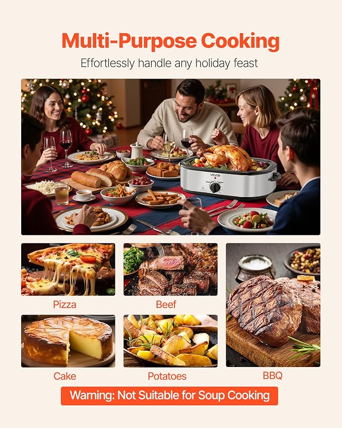 VEVOR Roaster Oven, 14QT Fast-Cooking Turkey Roaster, 150-450℉ Adjustable Temperature Electric Roasting Pan with Self-Basting Lid, Roasting Lift-Out Rack, Defrost & Warm Function, Fits 18lb Turkey
