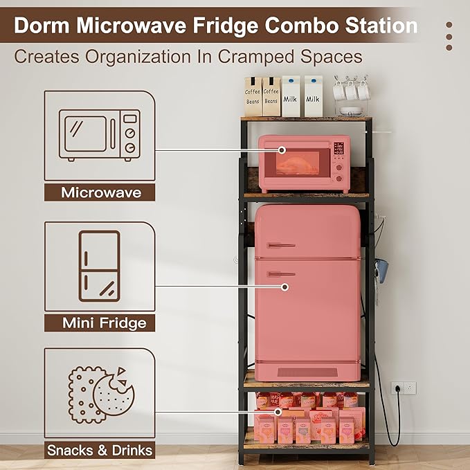 Mini Fridge Stand Microwave Combo Cabinet Station With Small Refrigerator Insert Storage Space, Shelf Organizer Unit For Dorm Room Coffee Bar To Sit, Big Table With Power Outlet To Go Over Fridge