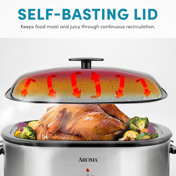 AROMA® 20Qt. Roaster Oven with Self-Basting Lid, Fits 24-lb. Turkey, Adjustable Temperature Settings, Keep Warm Setting, Stainless Steel (ART-720S)