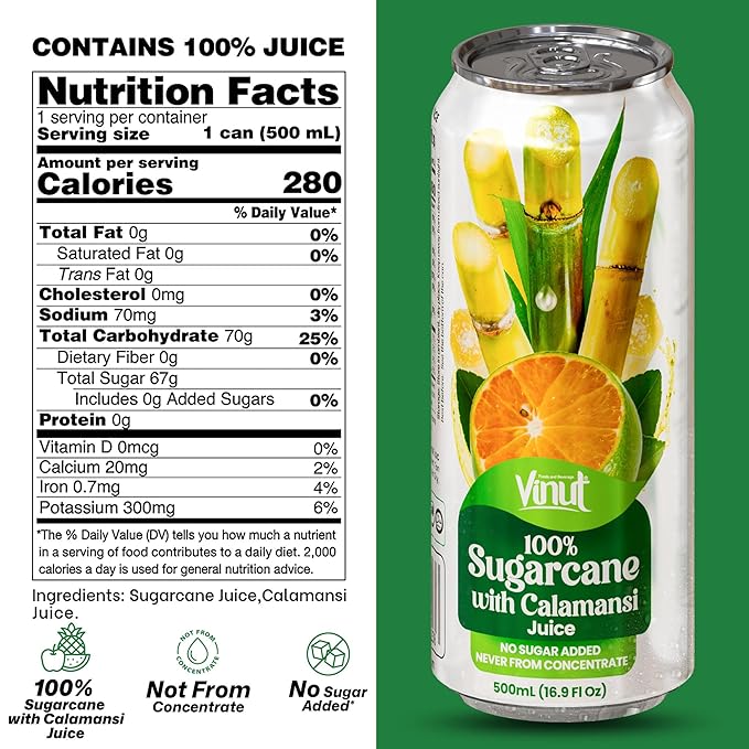 VINUT 100% Sugarcane with Calamansi Juice, No Added Sugar, Not From Concentrate, 16.9 fl oz (500 mL) Can, Pack of 12