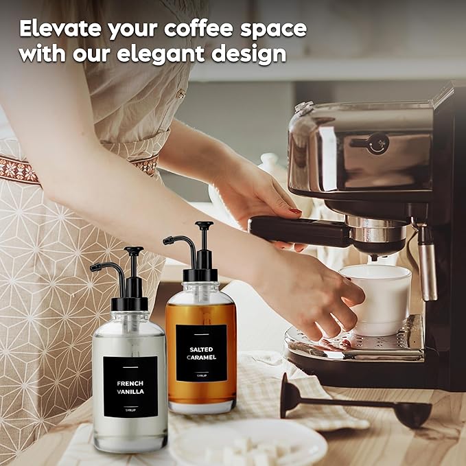 Spaceneat Coffee Syrup Dispenser with Pump - Includes 24 Flavor Labels - Glass Syrup Dispenser for Coffee Bar - Elevate your Beverage Station with 16.9 fl oz Flavoring Container Bottles, 2pcs, Black